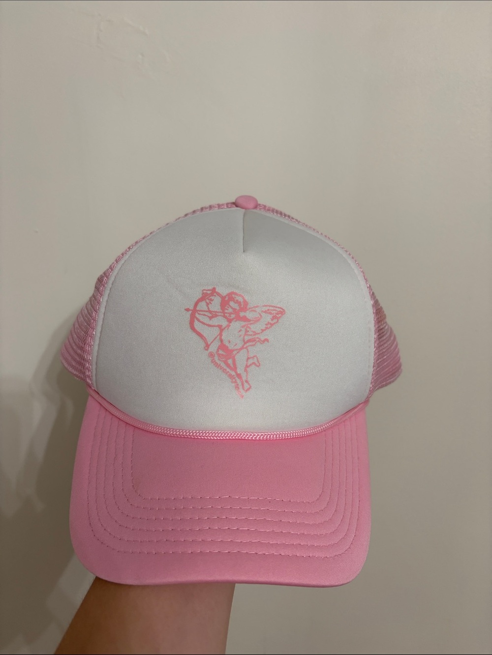 Pink and White Trucker Hat with Cherub Graphic
